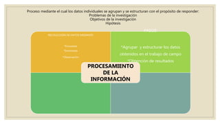 Proceso mediante el cual los datos individuales se agrupan y se estructuran con el propósito de responder:
Problemas de la investigación
Objetivos de la investigación
Hipótesis
RECOLECCIÓN DE DATOS MEDIANTE
*Encuestas
*Entrevistas
*Observación
PASOS:
*Agrupar y estructurar los datos
obtenidos en el trabajo de campo
*Obtención de resultados
PROCESAMIENTO
DE LA
INFORMACIÓN
 