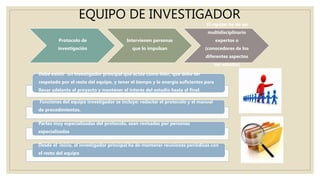 EQUIPO DE INVESTIGADOR
Protocolo de
investigación
Intervienen personas
que lo impulsan
El equipo ha de ser
multidisciplinario
expertos o
(conocedores de los
diferentes aspectos
del estudio)
Debe existir un investigador principal que actúe como líder, que debe ser
respetado por el resto del equipo, y tener el tiempo y la energía suficientes para
llevar adelante el proyecto y mantener el interés del estudio hasta el final.
Funciones del equipo investigador se incluye: redactar el protocolo y el manual
de procedimientos.
Partes muy especializadas del protocolo, sean revisadas por personas
especializadas
Desde el inicio, el investigador principal ha de mantener reuniones periódicas con
el resto del equipo
 