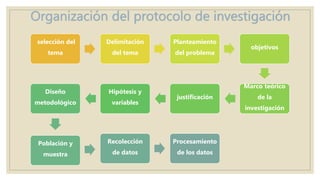 Organización del protocolo de investigación
selección del
tema
Delimitación
del tema
Planteamiento
del problema
objetivos
Marco teórico
de la
investigación
justificación
Hipótesis y
variables
Diseño
metodológico
Población y
muestra
Recolección
de datos
Procesamiento
de los datos
 