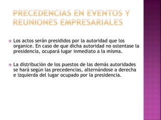  Los actos serán presididos por la autoridad que los 
organice. En caso de que dicha autoridad no ostentase la 
presidencia, ocupará lugar inmediato a la misma. 
 La distribución de los puestos de las demás autoridades 
se hará según las precedencias, alternándose a derecha 
e izquierda del lugar ocupado por la presidencia. 
 