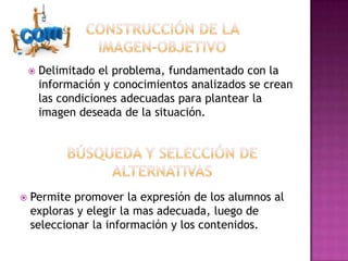    Delimitado el problema, fundamentado con la
        información y conocimientos analizados se crean
        las condiciones adecuadas para plantear la
        imagen deseada de la situación.




   Permite promover la expresión de los alumnos al
    exploras y elegir la mas adecuada, luego de
    seleccionar la información y los contenidos.
 