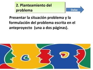 2. Planteamiento del
2. Planteamiento del
problema
problema

Debe

Presentar la situación problema y la
formulación del pr...