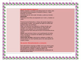 4ta sesión (Aparato digestivo)
Inicio: empezar a comentar que desayunaron en casita, para
así posteriormente empezar a introducir el tema y vayan
teniendo una noción.
Comentar que es, como está formado y cuál es su función.
Desarrollo:
Presentar a los niños una exposición con la wix y mostrar un
video.
Posteriormente Mostrarles un dibujo del aparato digestivo y
preguntarles si saben que aparato es (tapar el nombre del
aparato) dejar que participen,
Dejar a los alumnos que elaboren un dibujo de este, que
coloquen el nombre correspondiente en cada parte del
aparato y que expliquen con sus propias palabras la
importancia que tiene este para el buen funcionamiento de su
cuerpo.
Cierre: para terminar el tema: con la participación de todos
hacer una lista en el pizarrón de hábitos que mantienen al
cuerpo saludable.
Cierre final; de tarea: cada alumno realizara un folleto, en
donde plasme los más impórtate para el de cada aparato de
nuestro cuerpo.
5ta sección. Retroalimentación y evaluación.
Que cada alumno exponga su folleto, de lo que más le gusto
de cada aparato, explicando función, importancia, medidas
que ayudan a su cuidado y cuales los dañan, etc.
Posteriormente aplicarles una actividad tipo cuestionario de
todos los temas vistos.
 