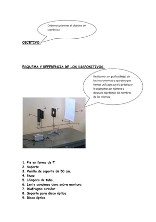 Debemos plantear el objetivo de
                 la práctica



OBJETIVO:




ESQUEMA Y REFERENCIA DE LOS DISPOSITIVOS.


...