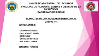 UNIVERSIDAD CENTRAL DEL ECUADOR
FACULTAD DE FILOSOFÍA, LETRAS Y CIENCIAS DE LA
EDUCACIÓN
CARRERA PLURILINGÜE
EL PROYECTO CURRICULAR INSITITUCIONAL
GRUPO N°4
INTEGRANTES:
CAIZATOA VANESSA
CALLACANDO JAZMÍN
DÍAZ PABLO
GUAMÁN CRISTHIAN
MOLINA ESTEFANIA
SEMESTRE: TERCERO
 