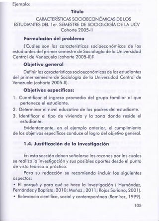 105
En esta sección deben señalarse las razones por las cuales
se realiza la investigación y sus posibles aportes desde el punto
de vista teórico o práctico.
Para su redacción se recomienda incluir los siguientes
aspectos:
• El porqué y para qué se hace la investigación ( Hernández,
Fernández y Baptista, 201 O; Muñoz, 2011.; Rojas Soriano, 2001 ).
• Relevancia científica, social y contemporánea (Ramírez, 1999).
1.4. Justificaciónde la investigación
Título
CARACTERÍSTICASSOCIOECONÓMICAS DE LOS
ESTUDIANTESDEL 1 er. SEMESTRE DE SOCIOLOGÍA DE LA UCV
Cohorte 2005-11
Formulacióndel problema
áCuóles son las características socioeconórnicos de los
estudiantesdel primer semestre de Sociología de la Universidad
Central de Venezuela (cohorte 2005-11)?
Obietivo general
Definir las características socioeconómicas de los estudiantes
del primer semestre de Sociología de la Universidad Central de
Venezuela (cohorte 2005-11).
Obietivos específicos:
1. Cuantificar el ingreso promedio del grupo familiar al que
pertenece el estudiante.
2. Determinar el nivel educativo de los padres del estudiante.
3. Identificar el tipo de vivienda y la zona donde reside el
estudiante.
Evidentemente, en el ejemplo anterior, el cumplimiento
de los objetivos específicos conduce al logro del objetivo general.
Ejemplo:
 
