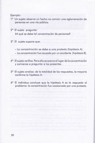 20
6° El individuo concluye que la hipótesis A es lo respuesto al
problema: lo concentración fue ocasionado por una protesta.
5° El sujeto analizo: de la totalidad de las respuestas, la mayoría
confirmo lo hipótesis A.
4° El sujetoverifica. Paraello seacercaal lugar de la concentración
y comienzo a preguntar o los presentes.
- Lo concentración se debe a una protesta (hipótesis A).
- Lo concentración fue causado por un accidente (hipótesis 8).
3° El sujeto supone que:
2° El sujeto pregunto:
¿A qué se debe tal concentración de personas?
Ejemplo:
1 ° Un sujeto observa un hecho no común: uno aglomeración de
personas en uno vía pública.
 