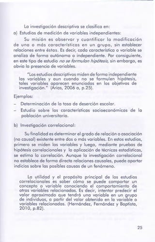 25
la utilidad y el propósito principal de los estudios
correlacionales es saber cómo se puede comportar un
concepto o variable conociendo el comportamiento de
otras variables relacionadas. Es decir, intentar predecir el
valor aproximado que tendrá una variable en un grupo
de individuos, a partir del valor obtenido en la variable o
variables relacionadas. (Hernández, Fernándezy Baptista,
201O, p.82).
b) Investigación correlacional:
Sufinalidad esdeterminar el grado de relación o asociación
(no causal)existenteentre doso más variables. En estosestudios,
primero se miden las variables y luego, mediante pruebas de
hipótesiscorrelacionalesy la aplicación de técnicas estadísticas,
se estima la correlación. Aunque la investigación correlacional
no establecede forma directa relacionescausales,puede aportar
indicios sobre las posiblescausasde un fenómeno.
la investigación descriptiva se clasifica en:
a) Estudios de medición de variables independientes:
Su misión es observar y cuantificar la modificación
de una o más características en un grupo, sin establecer
relaciones entre éstas. Es decir, cada característicao variable se
analiza de forma autónoma o independiente. Por consiguiente,
en estetipo de estudio no se formulan hipótesis/ sin embargo, es
obvia la presenciade variables.
"los estudiosdescriptivosmiden deforma independiente
las variables y aun cuando no se formulen hipótesis,
tales variables aparecen enunciadas en los objetivos de
investigación." (Arias,2006 a, p.25).
Ejemplos:
- Determinación de la tasa de deserción escolar.
Estudio sobre las características socioeconómicas de la
población universitaria.
 
