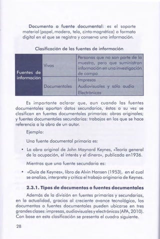 2.3.1. Tipos de documentos o fuentes documentales
Además de la división en fuentes primarias y secundarias,
en la actualidad, gracias al creciente avance tecnológico, los
documentos o fuentes documentales pueden ubicarse en tres
grandesclases: impresas,audiovisuales yelectrónicas (APA,201 O).
Con base en esta clasificación se presenta el cuadro siguiente.
28
Una fuente documental primaria es:
• La obra original de John Maynard Keynes,«Teoría general
de la ocupación, el interés y el dinero», publicada en1936.
Mientras que una fuente secundaria es:
• «Guía de Keynes», libro de Alvin Hansen (1953), en el cual
seanaliza, interpreta y critica el trabajo originario de Keynes.
Es importante aclarar que, aun cuando los fuentes
documentales aportan datos secundarios, éstas a su vez se
clasifican en fuentes documentales primarias: obras originales;
y fuentes documentales secundarias: trabajos en los que se hace
referencia o la obro de un autor.
Ejemplo:
Impresas
Audiovisuales y sólo audio
Etectrónicas
Vivas
Personasque no son parte de la
muestra, pero que suministran
informaciónenuna investigación
decam
Documentales
Clasificación de las fuentes de información
Documento o fuente documental: es el soporte
material (papel, madera, tela, cinta magnética) o formato
digital en el que se registra y conserva una información.
 