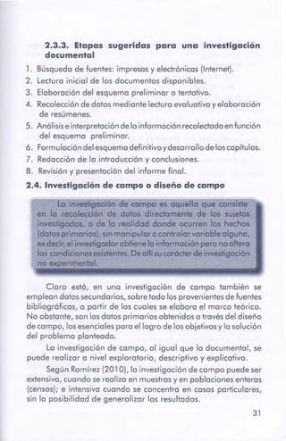 31
Claro está, en una investigación de campo también se
emplean datos secundarios, sobretodo los provenientes de fuentes
bibliográficas, a partir de los cuales se elabora el marco teórico.
No obstante, son los datos primarios obtenidos a través del diseño
de campo, los esenciales para el logro de los objetivos y la solución
del problema planteado.
La investigación de campo, al igual que la documental, se
puede realizar a nivel exploratorio, descriptivo y explicativo.
Según Ramírez (201 O}, la investigación de campo puede ser
extensiva, cuandose realiza en muestras y en poblaciones enteras
(censos}; e intensiva cuando se concentra en casos particulares,
sin la posibilidad de generalizar los resultados.
2.3.3. Etapas sugeridas para una investigación
documental
1. Búsqueda de fuentes: impresas y electrónicas (Internet).
2. Lectura inicial de los documentos disponibles.
3. Elaboración del esquema preliminar o tentativo.
4. Recolección de datos mediante lectura evaluativa y elaboración
de resúmenes.
5. Análisis e interpretación de la información recolectada en función
del esquema preliminar.
6. Formulacióndel esquema definitivo y desarrollo de loscapítulos.
7. Redacción de la introducción y conclusiones.
8. Revisión y presentación del informe final.
2.4. Investigaciónde campoo diseñode campo
r== lo in ·g.ación de campo es aquella que consiste
en la recolección de datos directamente de los sujetos
investigados, p de la realidad donde ocurren los hechos
(datos primarios), sinmanipular o controlarvariable alguna,
es-dec_ir,el investigadorobtiene la información pero no altero
las condiciones existentes.Deallfsucaróder de investigación
no experimental.
 