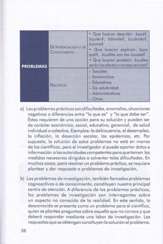38
b) Losproblemas de investigación,también llamados problemas
cognoscitivoso de conocimiento, constituyen nuestro principal
centro de atención. A diferencia de los problemas prácticos,
los problemas de investigación son interrogantes sobre
un aspecto no conocido de la realidad. En este sentido, lo
desconocido se presenta como un problema para el científico,
quien se plantea preguntas sobre aquello que no conocey que
deberá responder mediante una labor de investigación. Las
respuestasque seobtengan constituyenla solución al problema.
a) Los problemas prócticos son dificultades, anomalías, situaciones
negativas o diferencias entre "lo que es" y "lo que debe ser".
Éstosrequieren de una acción para su solución y pueden ser
de carácter económico, social, educativo, gerencial, de salud
individual o colectiva. Ejemplos: la delincuencia, el desempleo,
la inflación, la deserción escolar, las epidemias, etc. Por
supuesto, la solución de estos problemas no está en manos
de los científicos, pero el investigador sí puede aportar datos e
información a lasautoridades competentespara quetomen las
medidas necesarias dirigidas a solventar tales dificultades. En
muchoscasos,para resolver un problema práctico, serequiere
plantear y dar respuesta a problemas de investigación.
- Económicos
- Educativos
- De salubridad
- Administrativos
-Otros
-Sociales
• Que buscan describir: tqué?,
tquién?, tdónde?, !cuóndo?,
!cómo?
De INVESTIGACIÓN o oe
CONOCIMIENTO
• Que buscan explicar: tpor
qué?, tcuóles son las causas?
• Que buscan predecir: !cuóles
serónlosefectosoconsecuencias?
PRÁCTICOS
 