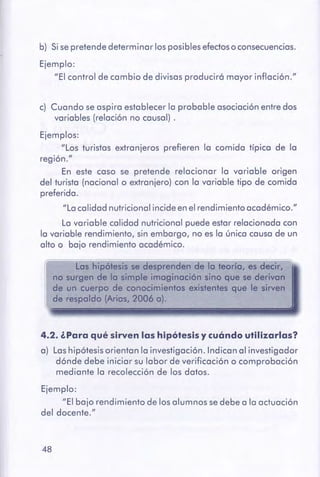 48
Ejemplo:
"El bajo rendimiento de los alumnos sedebe a lo actuación
del docente."
4.2. ¿Para qué sirven las hipótesisy cuóndoutilizarlas?
a) Las hipótesis orientan la investigación. Indican al investigador
dónde debe iniciar su labor de verificación o comprobación
mediante la recolección de los datos.
Las hipótesis se desprenden de la teoría, es decir,
no surgen de la simple imaginación sino que se derivan
de un cuerpo de conocimientos existentes que le sirven
de respaldo (Arias, 2006 a).
e) Cuando se aspira establecer la probable asociación entre dos
variables (relación no causal) .
Ejemplos:
"Los turistas extranjeros prefieren la comida típica de la
región."
En este coso se pretende relacionar la variable origen
del turista (nacional o extranjero) con lo variable tipo de comido
preferida.
"La calidad nutricionol incide en el rendimiento académico."
La variable calidad nutricionol puede estar relacionada con
lo variable rendimiento, sin embargo, no es lo único causo de un
alto o bojo rendimiento académico.
b) Si se pretende determinar los posibles efectos o consecuencias.
Ejemplo:
"El control de cambio de divisas producirá mayor inflación."
 