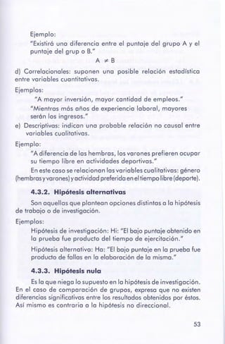 53
4.3.3. Hipótesis nula
Es la que niega lo supuesto en la hipótesis de investigación.
En el caso de comparación de grupos, expresa que no existen
diferencias significativas entre los resultados obtenidos por éstos.
Así mismo es contraria a la hipótesis no direccional.
Ejemplo:
"Existirá una diferencia entre el puntaje del grupo A y el
puntaje del grup o B."
A -:#= B
d) Correlacionales: suponen una posible relación estadística
entre variables cuantitativas.
Ejemplos:
"A mayor inversión, mayor cantidad de empleos."
"Mientras más años de experiencia laboral, mayores
serán los ingresos."
e) Descriptivas: indican una probable relación no causal entre
variables cualitativas.
Ejemplo:
"A diferencia de las hembras, los varones prefieren ocupar
su tiempo libre en actividades deportivas."
En estecaso se relacionan lasvariables cualitativas: género
(hembrasyvarones)yactividadpreferidaen el tiempo libre (deporte).
4.3.2. Hipótesisalternativas
Son aquellas que plantean opciones distintas a la hipótesis
de trabajo o de investigación.
Ejemplos:
Hipótesis de investigación: Hi: "El bajo puntaje obtenido en
la prueba fue producto del tiempo de ejercitación."
Hipótesis alternativa: Ha: "El bajo puntaje en la prueba fue
producto de fallas en la elaboración de la misma."
 