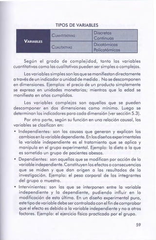 59
Según el grado de complejidad, tanto las variables
cuantitativas como lascualitativas pueden sersimples o complejas.
Las variables simples sonlas que se manifiestan directamente
a través de un indicador o unidad de medida. No se descomponen
en dimensiones. Ejemplos: el precio de un producto simplemente
se expresa en unidades monetarias; mientras que la edad se
manifiesta en años cumplidos.
Las variables complejas son aquellas que se pueden
descomponer en dos dimensiones como mínimo. Luego se
determinan los indicadores para cada dimensión (versección 5.3).
Por otra parte, según su función en una relación causal, las
variables se clasifican en:
• Independientes: son las causas que generan y explican los
cambiosenla variabledependiente. En los diseñosexperimentales
la variable independiente es el tratamiento que se aplica y
manipula en el grupo experimental. Ejemplo: la dieta a la que
es sometido un grupo de pacientes obesos.
• Dependientes: son aquellas que se modifican por acción de la
variable independiente.Constituyen losefectos o consecuencias
que se miden y que dan origen a los resultados de la
investigación. Ejemplo: el peso corporal de los integrantes
del grupo o muestra.
• Intervinientes: son las que se interponen entre la variable
independiente y la dependiente, pudiendo influir en lo
modificación de esta última. En un diseño experimental puro,
estetipo devariable debe ser controlada con el fin de comprobar
que el efecto es debido a la variable independiente y no a otros
factores. Ejemplo: el ejercicio físico practicado por el grupo.
Dicotómicos
Policot6micos
CUALITATIVAS
Discretos
Continuas
CUANTITATIVAS
TIPOS DE VARIABLES
 