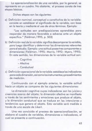 63
La operacionalización de una variable, por lo general, se
representa en un cuadro. No obstante, el proceso consta de tres
etapas básicas.
Dichas etapas son las siguientes:
a) Definición nominal, conceptual o constitutiva de la variable:
consiste en establecer el significado de la variable, con base
en la teoría y mediante el uso de otros términos. Ejemplo:
"Las actitudes son predisposiciones aprendidas para
responder de manera favorable o adversa ante un objeto
específico." (Feldman, 1995, p. 503)
b) Definición real de la variable: significa descomponer la variable,
para luego identificar y determinar las dimensiones relevantes
para el estudio. Ejemplo: una actitud posee tres componentes o
dimensiones ( Feldman, 1995; Morris, 1992; Myers, 1995).
En este sentido, las dimensiones de la variable actitud son:
- Cognitiva
-Afectiva
- Conductual
c) Definición operacional de la variable: establece los indicadores
para cada dimensión, asícomo los instrumentos y procedimientos
de medición.
Continuando con el ejemplo anterior, la variable actitud
hacia un objeto se compone de las siguientes dimensiones:
La dimensión cognitiva cuyos indicadores son los juicios y
creencias acerca del objeto; la dimensión afectiva se manifiesta
a través de los sentimientos y emociones que produce el objeto,
y la dimensión conductual que se traduce en las intenciones y
tendencias que genera el objeto. Esta variable será medida a
través de una escala de Likert.
Una vez concluido el proceso de operacionalización, se
elabora el cuadro de variables, dimensiones e indicadores, el
cual se presenta a continuación.
 