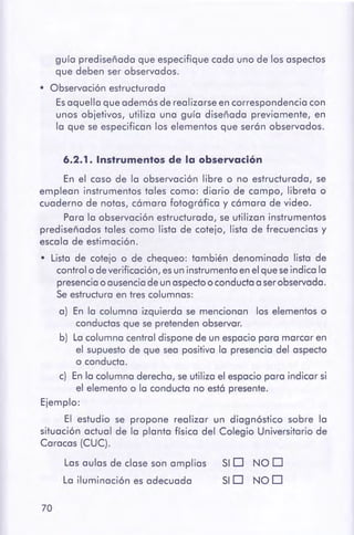 70
SID NOD
SID NOD
Las aulas de clase son amplias
La iluminación es adecuada
En el caso de la observación libre o no estructurada, se
emplean instrumentos tales como: diario de campo, libreta o
cuaderno de notas, cámara fotográfica y cámara de video.
Para la observación estructurada, se utilizan instrumentos
prediseñados tales como lista de cotejo, lista de frecuencias y
escala de estimación.
• Lista de cotejo o de chequeo: también denominada lista de
control o de verificación, esun instrumento en el que se indica la
presencia o ausencia de un aspecto o conducta a serobservada.
Se estructura en tres columnas:
a) En la columna izquierda se mencionan los elementos o
conductas que se pretenden observar.
b) La columna central dispone de un espacio para marcar en
el supuesto de que sea positiva la presencia del aspecto
o conducta.
c) En la columna derecha, se utiliza el espacio para indicar si
el elemento o la conducta no está presente.
Ejemplo:
El estudio se propone realizar un diagnóstico sobre la
situación actual de la planta física del Colegio Universitario de
Caracas (CUC).
6.2.1. Instrumentos de la observación
guía prediseñada que especifique cada uno de los aspectos
que deben ser observados.
• Observación estructurada
Es aquella que además de realizarse en correspondencia con
unos objetivos, utiliza una guía diseñada previamente, en
la que se especifican los elementos que serán observados.
 