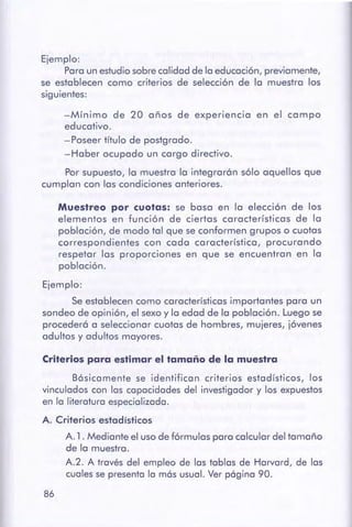 86
Criteriospara estimar el tamaño de la muestra
Básicamente se identifican criterios estadísticos, los
vinculados con las capacidades del investigadory los expuestos
en la literatura especializada.
A. Criterios estadísticos
A. 1 . Mediante el usodefórmulas para calcular del tamaño
de la muestra.
A.2. A través del empleo de las tablas de Harvard, de las
cualesse presentala másusual. Ver página 90.
Muestreo por cuotas: se basa en la elección de los
elementos en función de ciertas características de la
población, de modo tal que seconformen grupos o cuotas
correspondientes con cada característica, procurando
respetar las proporciones en que se encuentran en la
población.
Ejemplo:
Seestablecen como característicasimportantes para un
sondeo de opinión, el sexoy la edad de la población. Luego se
procederá a seleccionar cuotas de hombres, mujeres, jóvenes
adultos y adultos mayores.
-Mínimo de 20 años de experiencia en el campo
educativo.
-Poseer título de postgrado.
-Haber ocupado un cargo directivo.
Por supuesto, la muestra la integrarán sólo aquellos que
cumplan con las condiciones anteriores.
Ejemplo:
Para un estudio sobre calidad de la educación, previamente,
se establecen como criterios de selección de la muestra los
siguientes:
 