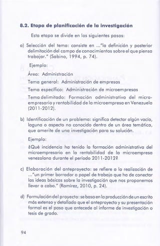 94
d) Formulacióndel proyecto: sebasaen laproducciónde unescrito
más extensoy detallado que el anteproyecto y su presentación
formal es el paso que antecede al informe de investigación o
tesisde grado.
c) Elaboración del anteproyecto: se refiere a la realización de
..."un primer borrador o papel de trabajo que ha de conectar
las ideas básicas sobre la investigación que nos proponemos
llevar a cabo." (Ramírez, 201O, p. 24).
b) Identificación de un problema: significa detectar algún vacío,
laguna o aspecto no conocido dentro de un área temática,
que amerite de una investigación para su solución.
Ejemplo:
¿Qué incidencia ha tenido la formación administrativa del
microempresario en la rentabilidad de la microempresa
venezolana durante el período 2011-2012?
a) Selección del tema: consiste en ..."la definición y posterior
delimitación del campo de conocimientos sobre el que piensa
trabajar." (Sabino, 1994, p. 74).
Ejemplo:
Área: Administración
Tema general: Administración de empresas
Tema específico: Administración de microempresas
Tema delimitado: Formación administrativa del micro-
empresario y rentabilidad de la microempresa en Venezuela
(2011-2012).
Esta etapa se divide en los siguientes pasos:
8.2. Etapa de planificación de la investigación
 