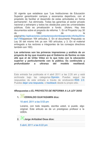 El proyecto de reforma a la ley 30