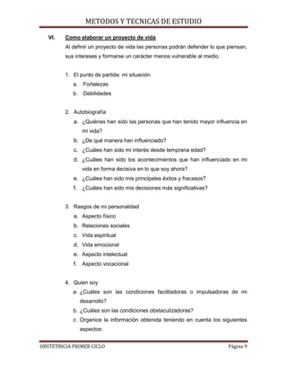 METODOS Y TECNICAS DE ESTUDIO

   VI.   Como elaborar un proyecto de vida
         Al definir un proyecto de vida las personas podrán defender lo que piensan,
         sus intereses y formarse un carácter menos vulnerable al medio.


         1. El punto de partida: mi situación
            a.    Fortalezas
            b.    Debilidades


         2. Autobiografía
            a. ¿Quiénes han sido las personas que han tenido mayor influencia en
                 mi vida?
            b. ¿De qué manera han influenciado?
            c. ¿Cuáles han sido mi interés desde temprana edad?
            d. ¿Cuáles han sido los acontecimientos que han influenciado en mi
                 vida en forma decisiva en lo que soy ahora?
            e. ¿Cuáles han sido mis principales éxitos y fracasos?
            f. ¿Cuáles han sido mis decisiones más significativas?


         3. Rasgos de mi personalidad
            a. Aspecto físico
            b. Relaciones sociales
            c. Vida espiritual
            d. Vida emocional
            e. Aspecto intelectual
            f. Aspecto vocacional


         4. Quien soy
            a. ¿Cuáles son las condiciones facilitadoras o impulsadoras de mi
                 desarrollo?
            b. ¿Cuáles son las condiciones obstaculizadoras?
            c. Organice la información obtenida teniendo en cuenta los siguientes
                 aspectos:


OBSTETRICIA PRIMER CICLO                                                    Página 9
 