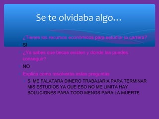 Se te olvidaba algo…
∗ ¿Tienes los recursos económicos para estudiar la carrera?
∗ SI
∗ ¿Ya sabes que becas existen y donde las puedes
conseguir?
∗ NO
∗ Explica como resolverás estas preguntas
∗ SI ME FALATARA DINERO TRABAJARIA PARA TERMINAR
MIS ESTUDIOS YA QUE ESO NO ME LIMITA HAY
SOLUCIONES PARA TODO MENOS PARA LA MUERTE

 
