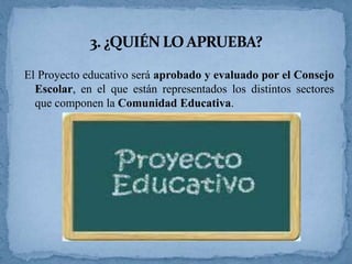 El Proyecto educativo será aprobado y evaluado por el Consejo
Escolar, en el que están representados los distintos sectores
que componen la Comunidad Educativa.

 
