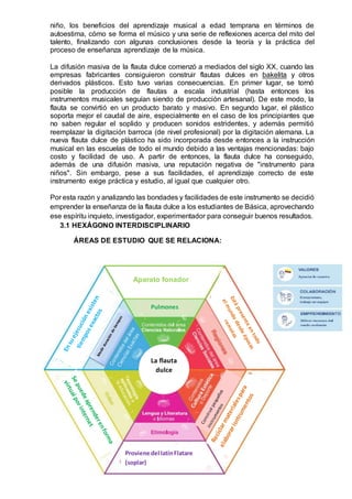 niño, los beneficios del aprendizaje musical a edad temprana en términos de
autoestima, cómo se forma el músico y una serie de reflexiones acerca del mito del
talento, finalizando con algunas conclusiones desde la teoría y la práctica del
proceso de enseñanza aprendizaje de la música.
La difusión masiva de la flauta dulce comenzó a mediados del siglo XX, cuando las
empresas fabricantes consiguieron construir flautas dulces en bakelita y otros
derivados plásticos. Esto tuvo varias consecuencias. En primer lugar, se tornó
posible la producción de flautas a escala industrial (hasta entonces los
instrumentos musicales seguían siendo de producción artesanal). De este modo, la
flauta se convirtió en un producto barato y masivo. En segundo lugar, el plástico
soporta mejor el caudal de aire, especialmente en el caso de los principiantes que
no saben regular el soplido y producen sonidos estridentes, y además permitió
reemplazar la digitación barroca (de nivel profesional) por la digitación alemana. La
nueva flauta dulce de plástico ha sido incorporada desde entonces a la instrucción
musical en las escuelas de todo el mundo debido a las ventajas mencionadas: bajo
costo y facilidad de uso. A partir de entonces, la flauta dulce ha conseguido,
además de una difusión masiva, una reputación negativa de "instrumento para
niños". Sin embargo, pese a sus facilidades, el aprendizaje correcto de este
instrumento exige práctica y estudio, al igual que cualquier otro.
Por esta razón y analizando las bondades y facilidades de este instrumento se decidió
emprender la enseñanza de la flauta dulce a los estudiantes de Básica, aprovechando
ese espíritu inquieto, investigador, experimentador para conseguir buenos resultados.
3.1 HEXÁGONO INTERDISCIPLINARIO
ÁREAS DE ESTUDIO QUE SE RELACIONA:
El significadode flauta en el
contextohistórico
La flauta
dulce
Aparato fonador
Pulmones
Proviene del latínFlatare
(soplar)
 