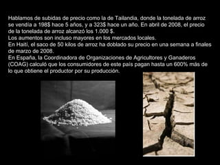 Hablamos de subidas de precio como la de Tailandia, donde la tonelada de arroz se vendía a 198$ hace 5 años, y a 323$ hace un año. En abril de 2008, el precio de la tonelada de arroz alcanzó los 1.000 $.  Los aumentos son incluso mayores en los mercados locales. En Haití, el saco de 50 kilos de arroz ha doblado su precio en una semana a finales de marzo de 2008. En España, la Coordinadora de Organizaciones de Agricultores y Ganaderos (COAG) calculó que los consumidores de este país pagan hasta un 600% más de lo que obtiene el productor por su producción. 