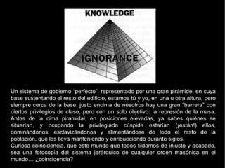 Un sistema de gobierno “perfecto”, representado por una gran pirámide, en cuya base sustentando el resto del edificio, est...