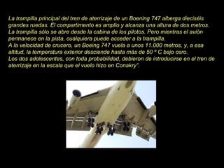 La trampilla principal del tren de aterrizaje de un Boening 747 alberga dieciséis grandes ruedas. El compartimento es amplio y alcanza una altura de dos metros. La trampilla sólo se abre desde la cabina de los pilotos. Pero mientras el avión permanece en la pista, cualquiera puede acceder a la trampilla. A la velocidad de crucero, un Boeing 747 vuela a unos 11.000 metros, y, a esa altitud, la temperatura exterior desciende hasta más de 50 º C bajo cero. Los dos adolescentes, con toda probabilidad, debieron de introducirse en el tren de aterrizaje en la escala que el vuelo hizo en Conakry”. 