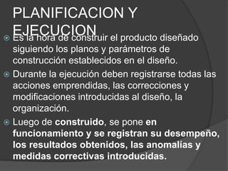 PLANIFICACION Y
  EJECUCION el producto diseñado
 Es la hora de construir
  siguiendo los planos y parámetros de
  construcción establecidos en el diseño.
 Durante la ejecución deben registrarse todas las
  acciones emprendidas, las correcciones y
  modificaciones introducidas al diseño, la
  organización.
 Luego de construido, se pone en
  funcionamiento y se registran su desempeño,
  los resultados obtenidos, las anomalías y
  medidas correctivas introducidas.
 