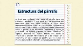 Estructura del párrafo
Al igual que cualquier otro texto, el párrafo tiene una
estructura semántica y otra sintáctica. La semántica está
constituida por una idea temática y otras ideas
complementarias que sirven para desarrollarlas (subtemas). Lo
sintáctico está constituido por un conjunto de oraciones unidas
entre sí gracias a los elementos conectores y signos de
puntuación. En algunos párrafos las ideas semánticas se
expresan mediante una oración directriz que puede ser
ubicada en la oración introductoria, en la de enlace o en la
conclusiva; sin esta oración es posible que un párrafo no
informe claramente la intención comunicativa del escritor.
 