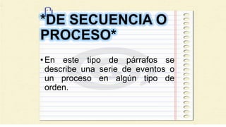 *DE SECUENCIA O
PROCESO*
•En este tipo de párrafos se
describe una serie de eventos o
un proceso en algún tipo de
orden.
 
