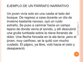 Lic. PEDRO GUERRA9      EJEMPLO DE UN PÁRRAFO DESCRIPTIVO Su nombre es Dulcinea hermosura sobrehumana. En ella se vienen a hacer verdaderos todos los imposibles y quiméricos atributos de la belleza que los poetas dan a sus damas. Sus cabellos son oro, su frente campos elíseos, sus cejas arcos del cielo, sus ojos soles, sus mejillas rosas, sus labios corales, perlas sus dientes, alabastro su cuello, mármol su pecho, marfil sus manos, su blancura nieve. Además, las partes que a la vista humana encubrió la honestidad son tales, según yo pienso y entiendo, que sólo la consideración puede encarecerlas y no compararlas. * (Aldonza Lorenzo) 