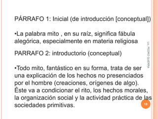 Lic. PEDRO GUERRA16TIPOS DE PÁRRAFOS POR SU FUNCIÓN DENTRO DEL TEXTO PÁRRAFO INICIAL Y/O DE INTRODUCCIÓN Es muy conveniente leer el texto y estar seguro de su tema, porque el párrafo introductorio será aquel que se refiera por primera vez al tema, aquel que contenga el planteamiento o tesis del autor. Lic. PEDRO GUERRA17Entonces habrá textos cuyo primer párrafo sea el inicial sólo por eso, por ser el primero, pero que no aborde desde el inicio la definición temática del texto. 