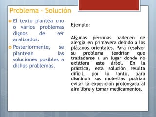 Problema - Solución
 El

texto plantéa uno
o varios problemas
dignos
de
ser
analizados.
 Posteriormente,
se
plantean
las
soluciones posibles a
dichos problemas.

Ejemplo:
Algunas personas padecen de
alergia en primavera debido a los
plátanos orientales. Para resolver
su
problema
tendrían
que
trasladarse a un lugar donde no
existiera este árbol. En la
práctica, esta solución resulta
difícil, por lo tanto, para
disminuir sus molestias podrían
evitar la exposición prolongada al
aire libre y tomar medicamentos.

 
