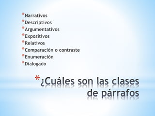 *
*Narrativos
*Descriptivos
*Argumentativos
*Expositivos
*Relativos
*Comparación o contraste
*Enumeración
*Dialogado
 