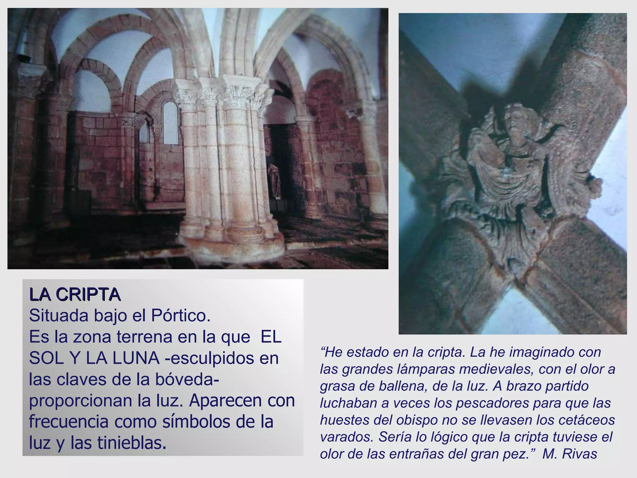 LA  CRIPTA  Situada bajo el Pórtico.  Es la zona terrena en la que  EL SOL Y LA LUNA -esculpidos en las claves de la bóveda- proporcionan la luz.  Aparecen con frecuencia como símbolos de la luz y las tinieblas.   “ He estado en la cripta. La he imaginado con las grandes lámparas medievales, con el olor a grasa de ballena, de la luz. A brazo partido luchaban a veces los pescadores para que las huestes del obispo no se llevasen los cetáceos varados. Sería lo lógico que la cripta tuviese el olor de las entrañas del gran pez.”  M. Rivas 