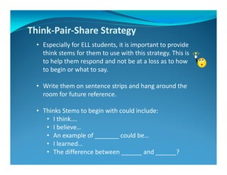 Think-Pair-Share Strategy
• Especially for ELL students, it is important to provide
think stems for them to use with this strategy. This is
to help them respond and not be at a loss as to how
to begin or what to say.
• Write them on sentence strips and hang around the
room for future reference.
• Thinks Stems to begin with could include:
• I think….
• I believe…
• An example of _______ could be…
• I learned…
• The difference between ______ and ______?
 