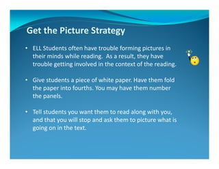 Get the Picture Strategy
• ELL Students often have trouble forming pictures in
their minds while reading. As a result, they have
trouble getting involved in the context of the reading.
• Give students a piece of white paper. Have them fold
the paper into fourths. You may have them number
the panels.
• Tell students you want them to read along with you,
and that you will stop and ask them to picture what is
going on in the text.
 