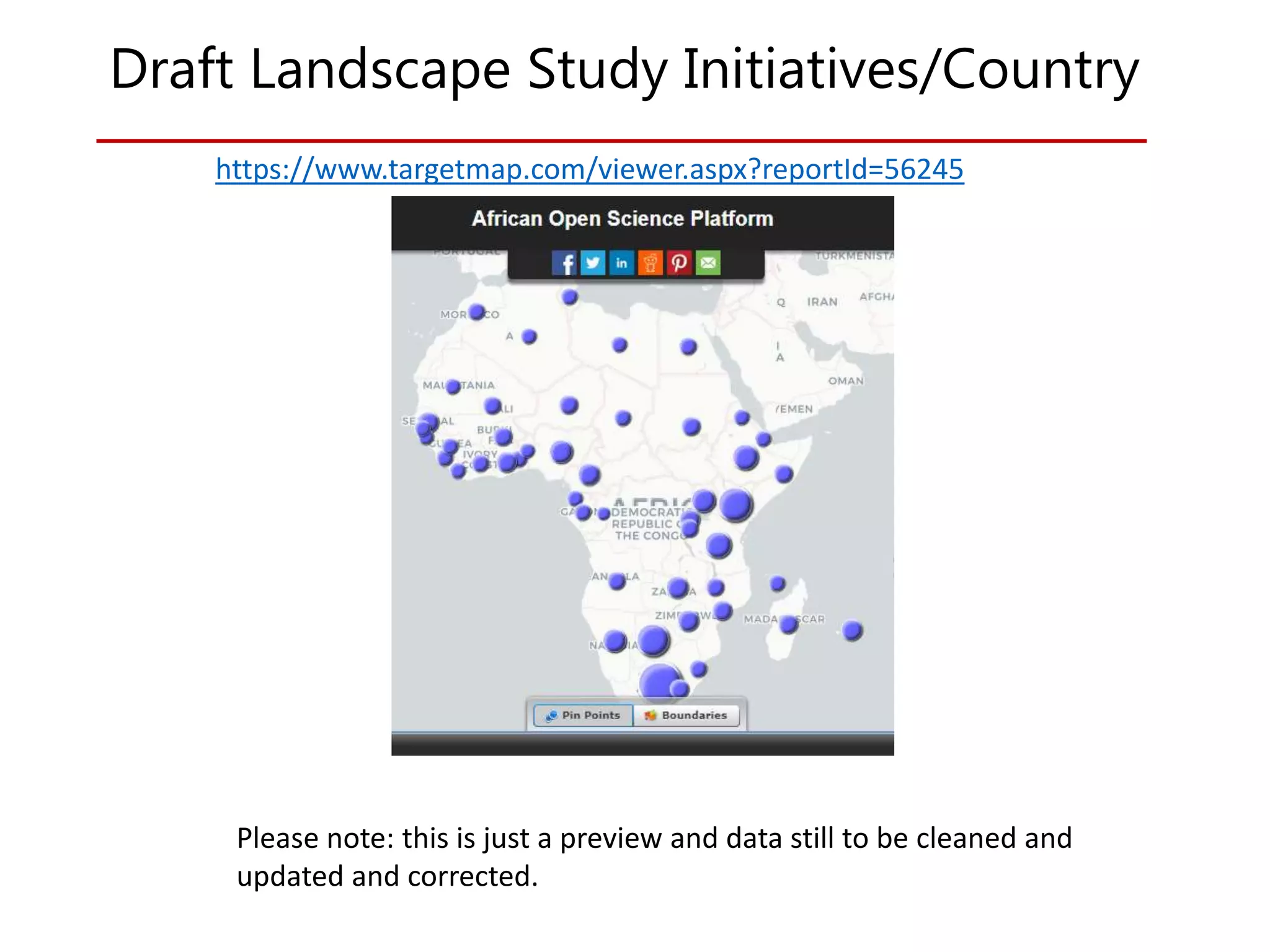 Draft Landscape Study Initiatives/Country
https://www.targetmap.com/viewer.aspx?reportId=56245
Please note: this is just a preview and data still to be cleaned and
updated and corrected.
 
