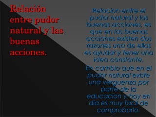Relación Relación 
entre pudor entre pudor 
natural y las natural y las 
buenas buenas 
acciones.acciones.
Relacion entre elRelacion entre el
pudor natural y laspudor natural y las
buenas acciones, esbuenas acciones, es
que en las buenasque en las buenas
acciones existen dosacciones existen dos
razones una de ellasrazones una de ellas
es ayudar y tener unaes ayudar y tener una
idea constante.idea constante.
En cambio que en elEn cambio que en el
pudor natural existepudor natural existe
una verguenza poruna verguenza por
parte de laparte de la
educacion y hoy eneducacion y hoy en
dia es muy facil dedia es muy facil de
comprobarlo.comprobarlo.
 