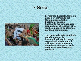 •  Siria El régimen baazista, tiene su origen en el Partido del Renacimiento Árabe Socialista, aunque finalmente fue la tendencia izquierdista. El régimen sirio recibe su apoyo de algunos partidos comunistas. La ruptura de este equilibrio podría suponer la inestabilidad, por lo que la comunidad kurda, unos 2 millones de personas, es respetada, aunque no se le reconocen sus derechos políticos.  