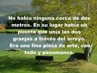 No había ninguna cerca de dos metros. En su lugar había un puente que unía las dos granjas a través del arroyo.  Era una fina pieza de arte, con todo y pasamanos. 