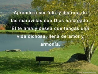 Aprende a ser feliz y disfruta de
las maravillas que Dios ha creado.
Él te ama y desea que tengas una
vida dichosa, llena de amor y
armonía.
Difunde AvanzaPorMas.com
 