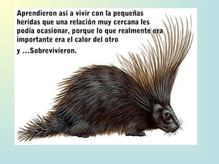 Aprendieron así a vivir con la pequeñas
heridas que una relación muy cercana les
podía ocasionar, porque lo que realmente era
importante era el calor del otro
y …Sobrevivieron.
 