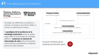 #1 THE NEW RULES OF STRATEGY
#elpuntoG
No basta con diferenciar tu producto o
servicio, ni construir una marca sólida, ni
contar una distribución masiva…
El paradigma de la excelencia en la
estrategia corporativa actual se apoya
según HBR en el concepto de “strategic
platform”: potenciar un network de
intercambio de valor entre productores,
consumidores, proveedores y creadores
dentro de cada industria.
PRODUCTORES CONSUMIDORES
PROVEEDORES
CREADORES
Generan la oferta de la plataforma Usan la oferta de la plataforma
Establecen la interfaz que une a consumidores con la plataforma
Propietarios de la plataforma: marcan las “reglas de juego en la misma”
PLATAFORMA
Intercambio de datos / feedback / valor
+
me pone el thinking de los
cerebritos de Harvard, quiero
 