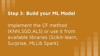 Step 3: Build your ML Model
Implement the CF method
(KNN,SGD,ALS) or use it from
available libraries (Scikit-learn,
Surprise, MLLib Spark)
 