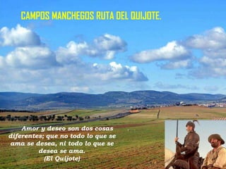CAMPOS MANCHEGOS RUTA DEL QUIJOTE.

Amor y deseo son dos cosas
diferentes; que no todo lo que se
ama se desea, ni todo lo que se
desea se ama.
(El Quijote)

 