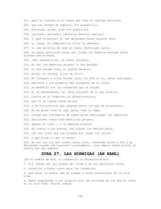 182
201. pero no creerán en él hasta que vean el castigo doloroso,
202. que les vendrá de repente, sin presentirlo.
203. Entonces, dirán: «¿Se nos diferirá?»
204. ¿Quieren, entonces, adelantar Nuestro castigo?
205. Y ¿qué te parece? Si les dejáramos gozar durante años
206. y, luego, se cumpliera en ellos la amenaza,
207. no les serviría de nada el haber disfrutado tanto.
208. No hemos destruido nunca una ciudad sin haberle enviado antes
quienes advirtieran,
209. como amonestación. No somos injustos.
210. No son los demonios quienes lo han bajado:
211. ni les estaba bien, ni podían hacerlo.
212. Están, en verdad, lejos de oírlo.
213. No invoques a otros dioses junto con Alá si no, serás castigado.
214. Advierte a los miembros más allegados de tu tribu.
215. Sé benévolo con los creyentes que te siguen.
216. Si te desobedecen, di: «Soy inocente de lo que hacéis».
217. Confía en el Poderoso, el Misericordioso,
218. Que te ve cuando estás de pie
219. y ve las posturas que adoptas entre los que se prosternan.
220. Él es Quien todo lo oye, Quien todo lo sabe.
221. ¿Tengo que informaros de sobre quién descienden los demonios?
222. Descienden sobre todo mentiroso pecador.
223. Aguzan el oído... Y la mayoría mienten.
224. En cuanto a los poetas, les siguen los descarriados.
225. ¿No has visto que van errando por todos los valles
226. y que dicen lo que no hacen?
227. No son así los que creen, obran bien, recuerdan mucho a Alá y se
defienden cuando son tratados injustamente. ¡Los impíos verán pronto la
suerte que les espera!
SURA 27. LAS HORMIGAS (AN NAML)
¡En el nombre de Alá, el Compasivo, el Misericordioso!
1. T.S. Éstas son las aleyas del Corán y de una Escritura clara,
2. dirección y buena nueva para los creyentes,
3. que hacen la azalá, dan el azaque y están convencidos de la otra
vida.
4. Hemos engalanado a sus propios ojos las acciones de los que no creen
en la otra vida. Yerran ciegos.
 
